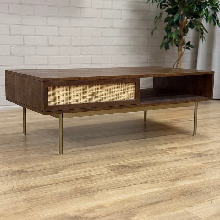 Salontafel Rotan/Mango Walnoot - 1 Lade 1 Open Vak