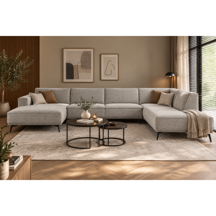 Sfeerfoto U-bank Kendal in City moss grey met chaise lounge en ottomane